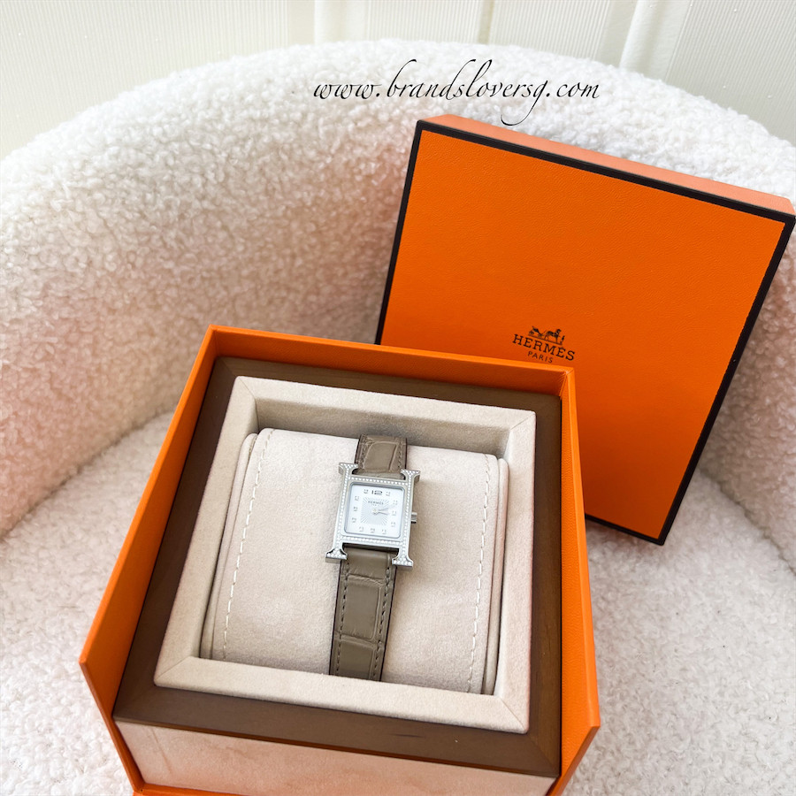 (Brand new) Hermes Heure H PM Watch with Full Diamond Bezel and Markers and Etoupe Alligator Strap