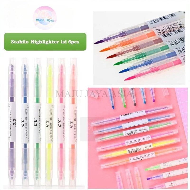 

[ MJA ] Highlighter 2 Sisi Warna Warni Highlighter colorful 1 Set Isi 6Pcs 2 Arah Set Highlighter Dua Sisi Warna isi 6Pcs Pen 2 sisi Diary Marker Stationery Lucu Unik Penanda Buku Warna Warni Pena Penanda Kepala Ganda 2 Arah