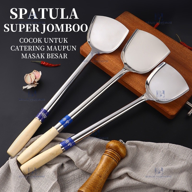 Spatula Stainless Steel Super Jumbo Sotel Alat Masak Serbaguna Gagang Kayu Irus Serbaguna Spoon Kitc