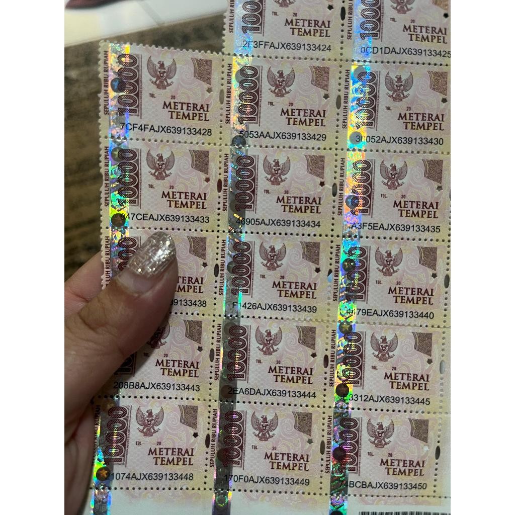 

Meterai atau materai 10000 harga per keping/pcs ( Per 40 pcs/keping) RESMI PERURI
