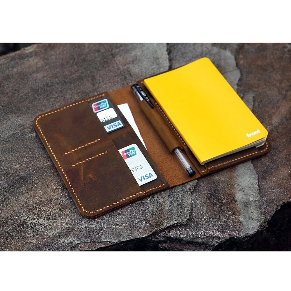 

Vintage A6 notebook field notes leather Portfolio cover / distressed leather travel journal cover with card pen slot