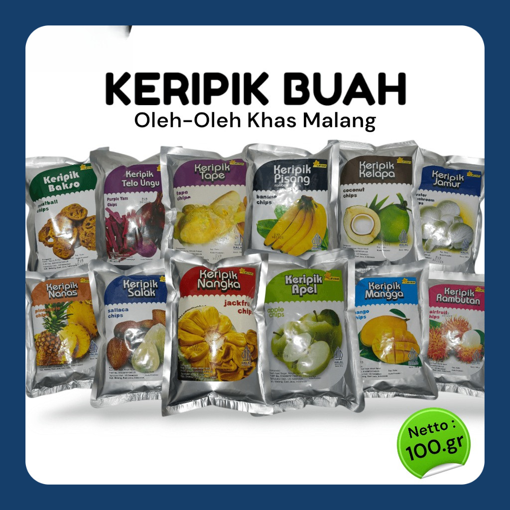 

KERIPIK BUAH LEVINA Apel Nangka Salak Mangga Kelapa Rambutan Kemasan 100.gram