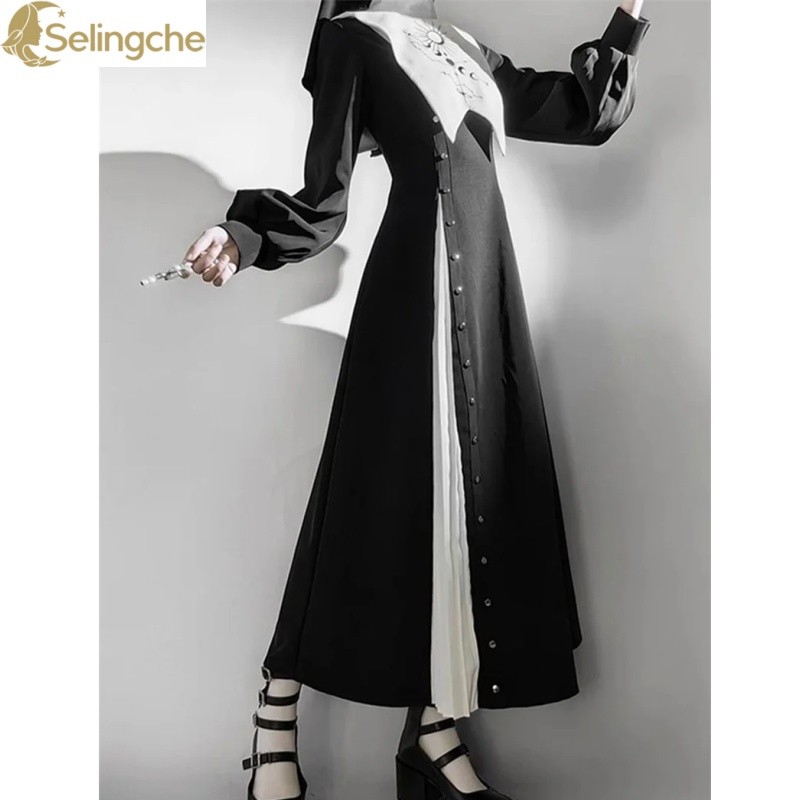 Black and White Nun Lolita Dark Gothic Dress Halloween Costume Cosplay Set Long Sleeved Nun Dress