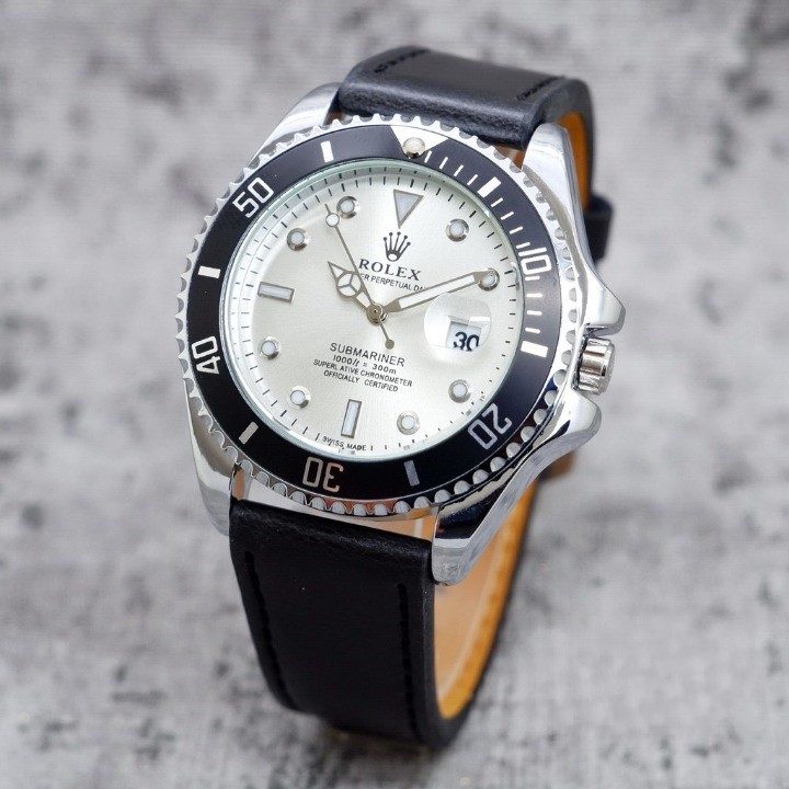 (COD) Jam Tangan Pria Rolex Submariner R3664 Tanggal Aktif Tali Kulit Free Box Original & Baterai Ca