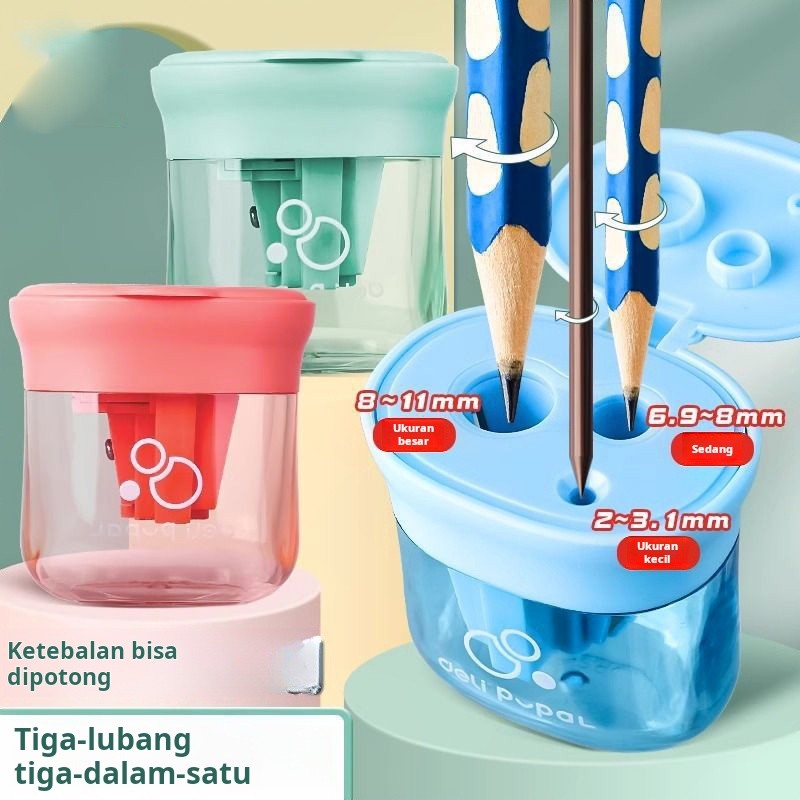 

Rautan pensil tiga lubang untuk siswa sekolah dasar, rautan pensil tebal manual mini anak-anak dengan rautan pensil multi-kaliber