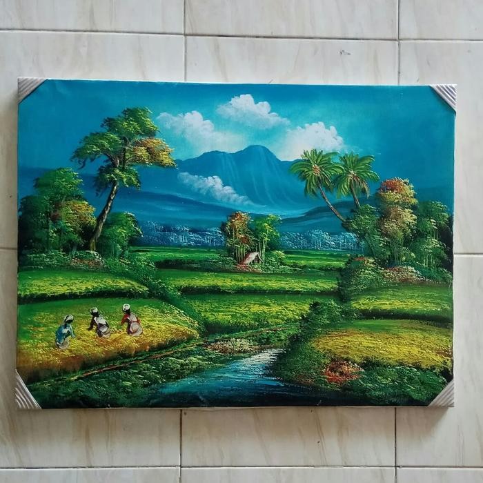 lukisan palet pemandangan sawah hijau