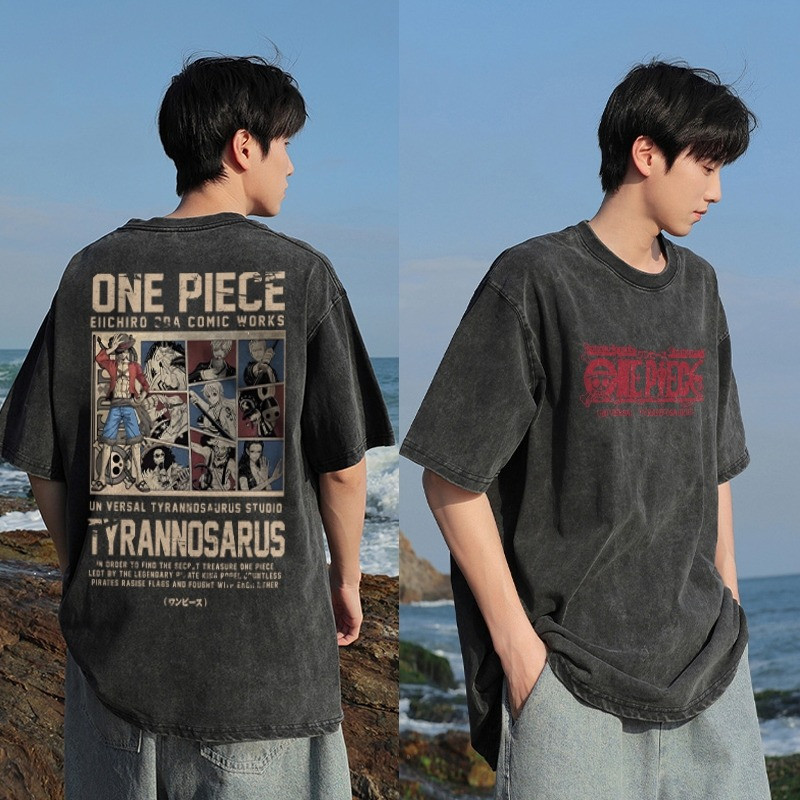[COD] Washed Kaos Pria American retro Cartoon One Piece Characters Baju Oversize Pria Street Style T