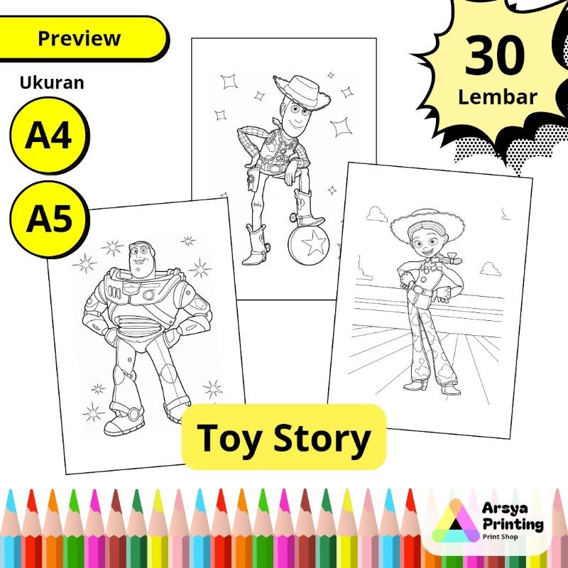 

30 Lembar Kertas Mewarnai Anak Lucu Tema Toy Story Woody Buzz Ukuran A4 A5claraa aurel