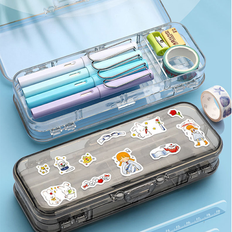 

Kawaii Transparent Pencil Case Double Layer Multifunction Kids Pen Stationery Box Office School Large Capacity Storage Organizer