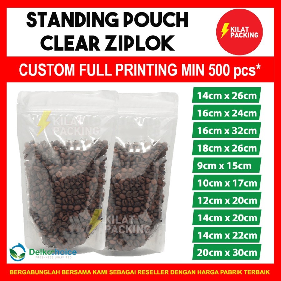 CUSTOM SABLON STANDING POUCH ZIPLOCK CLEAR PREMIUM Kemasan Snack / Plastik / Kopi / Keripik FREE DES