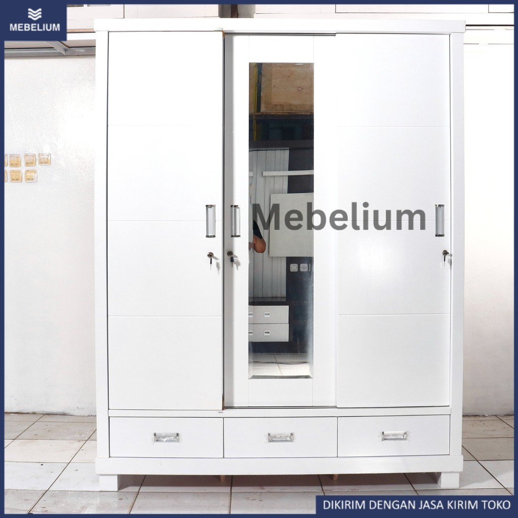 [ORI] Lemari Pakaian / Baju Sliding Laci Putih Rak Hijab 3 Pintu Bahan Full Kayu Bloktik Solid Anti 