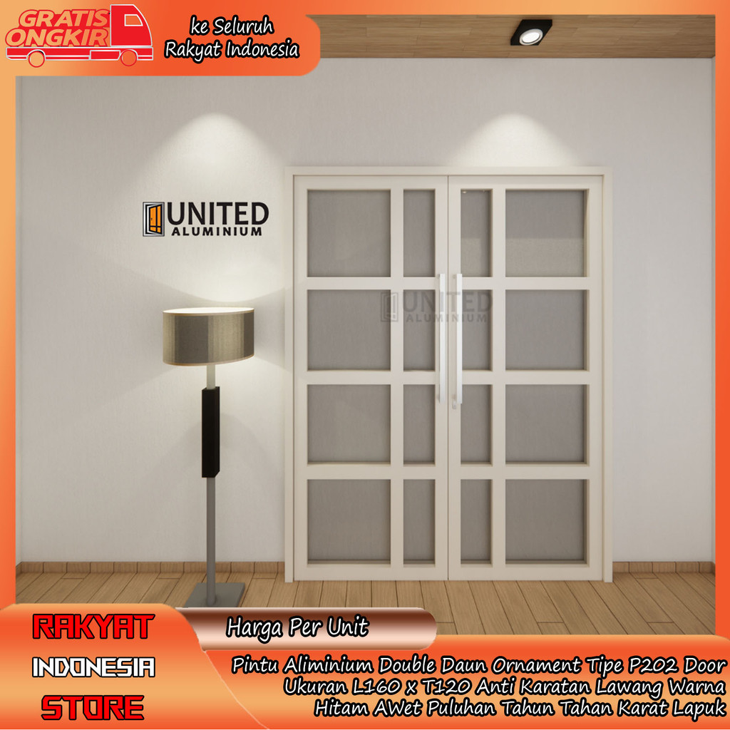 United Aluminium Co Id Pintu Utama Full Aluminium Double Daun Ornamen Tipe P202 Silver Cokelat Putih