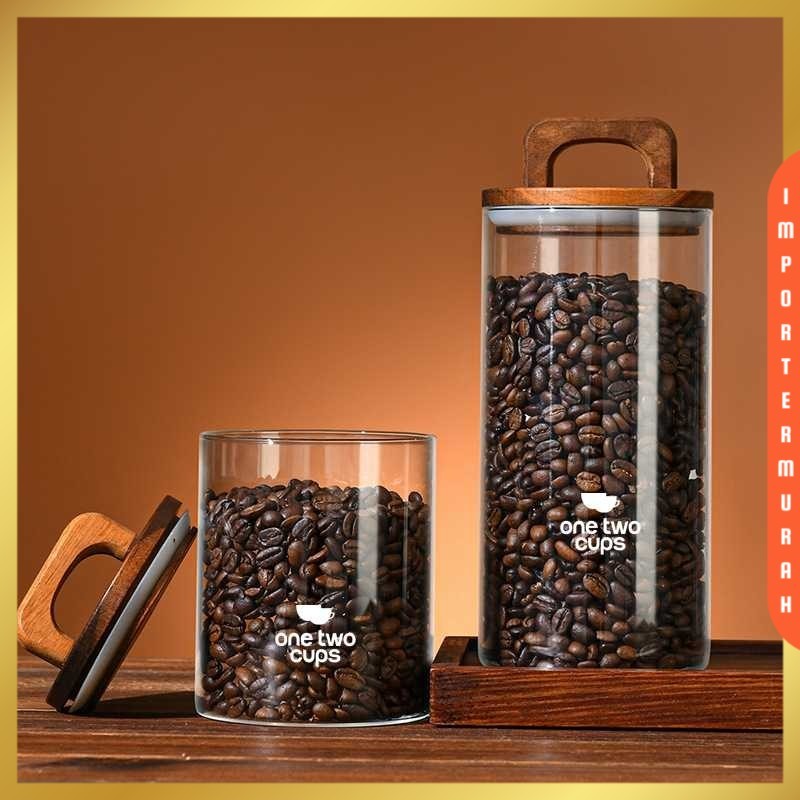 One Two Cups Toples Kaca Kedap Udara Sealed Food Storage Jar Wood Lid - CF170
