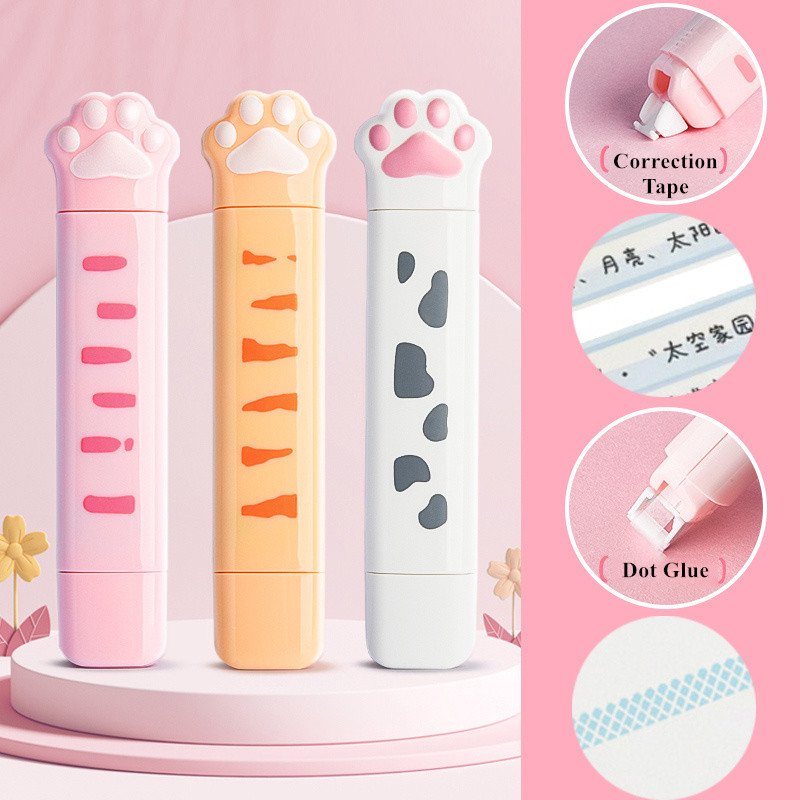 

2 In 1 Correction Tape with Dot Glue Cute Cat Paw Kawaii 3M Glue Tape Novelty Correction Student Gifts School Office Supplies