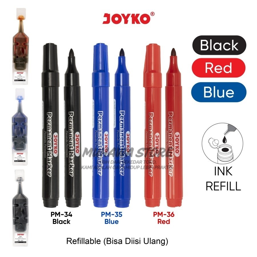 

SPIDOL PERMANENT MAKER JOYKO WARNA HITAM, BIRU & MERAH PM-34/PM-35/PM-36 ECERAN