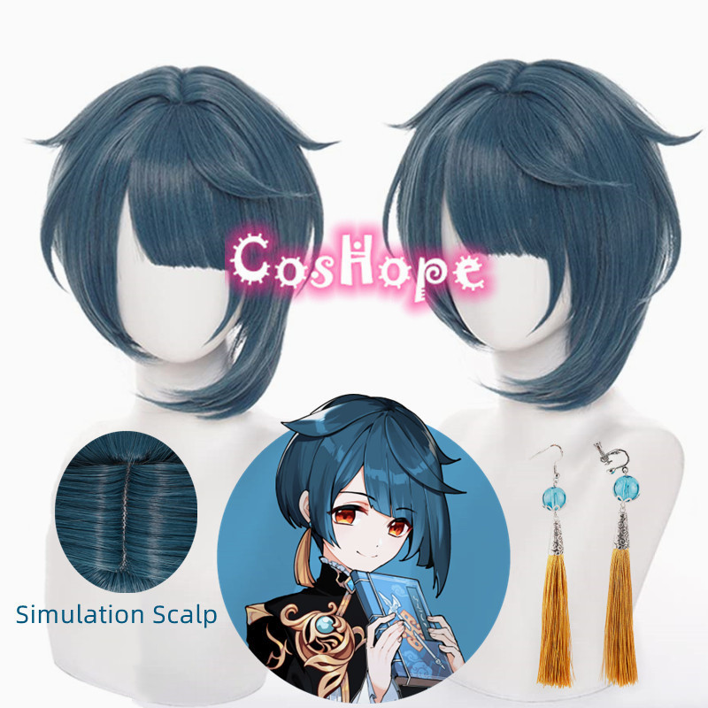 Xingqiu Cosplay Wig Earing 30cm Short Dark Cyan-blue Wig Cosplay Anime Cosplay Wigs Heat Resistant S