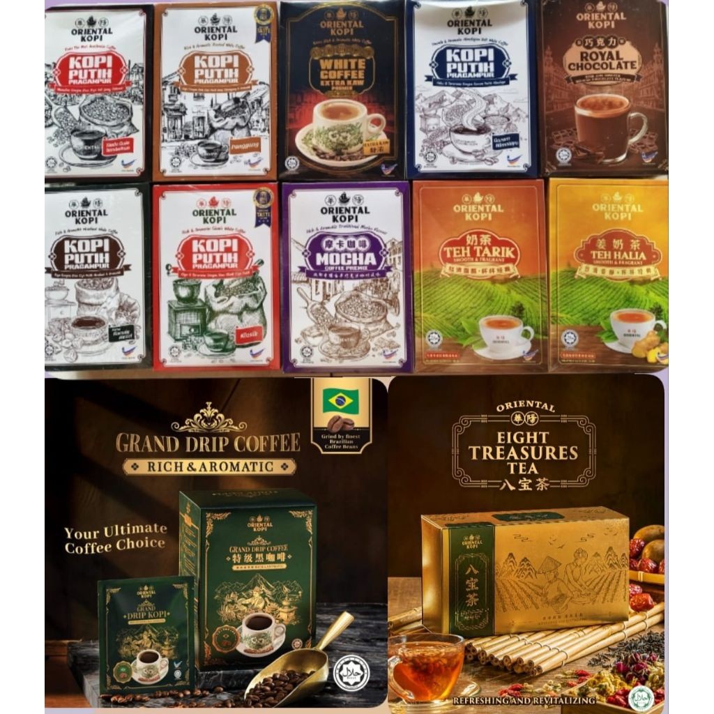 

Oriental Kopi White coffee Malaysia All Varian White Coffee | Coffee Cham | Royal Chocalate | Teh Tarik | Mocha | Drip Coffee