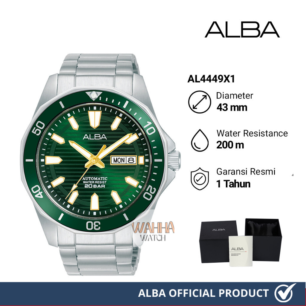 Jam Tangan Pria Alba AL4449X1 Automatic Diver Green Pattern Dial Stainless Steel Strap