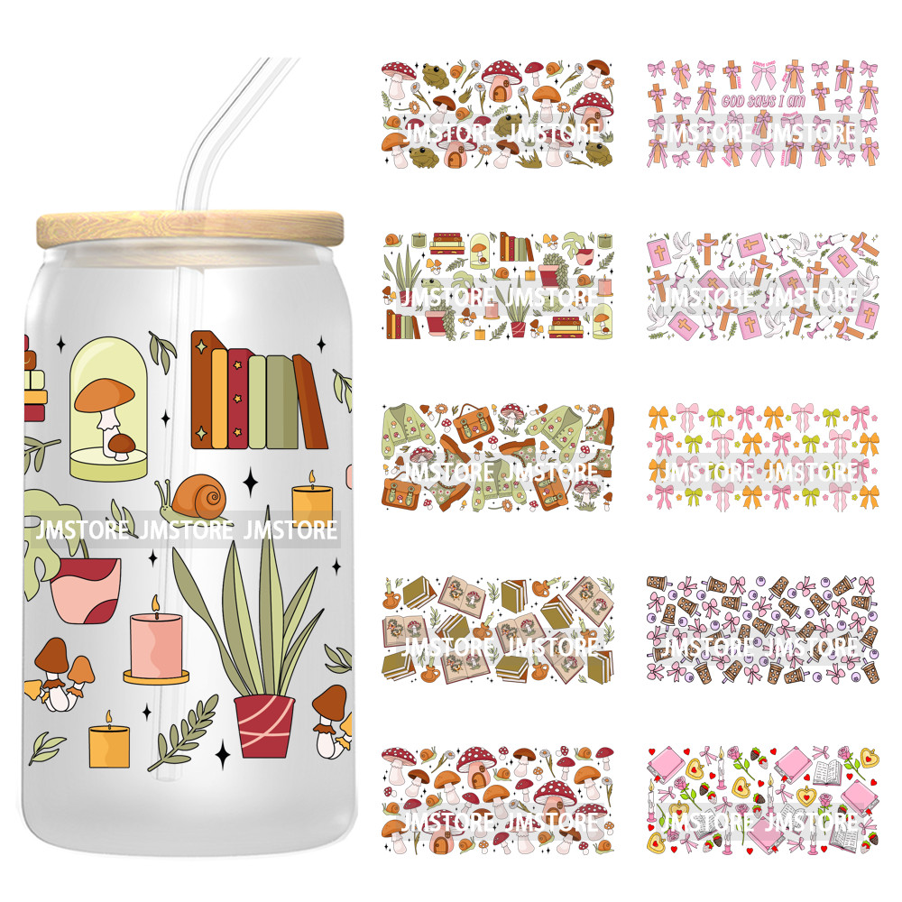 

Coquette Bows Girly Bookish Mushroom Positive Vibes UV DTF Cup Wrap Ready To Apply Transfer Stickers For 16OZ Libbey Glass Can
