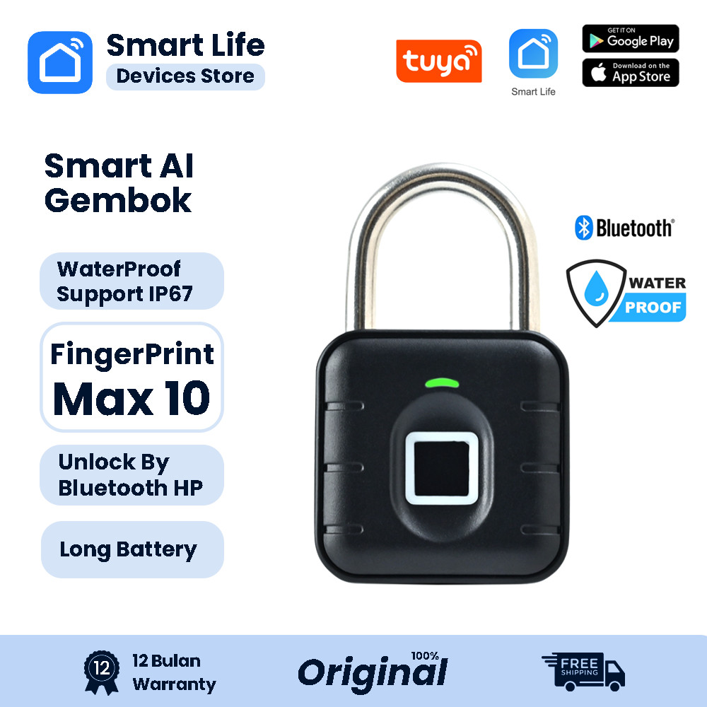 Smart Padlock Gembok Fingerprint Waterproof IP67 Tuya/SmartLife 12 Months Battery SmartLife