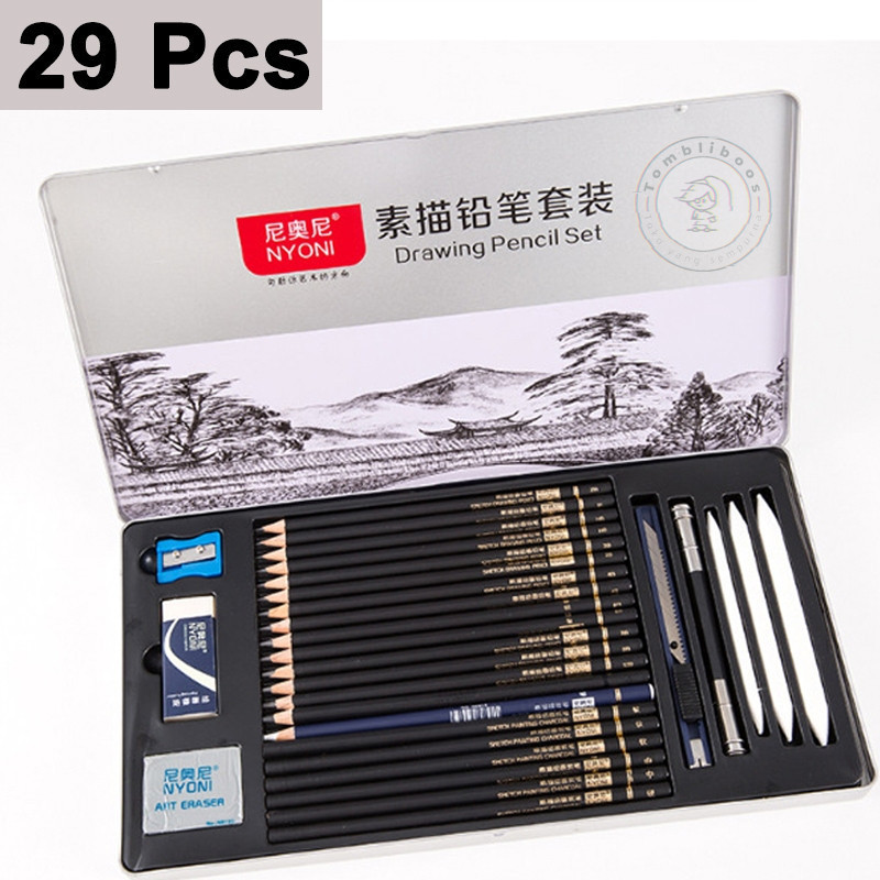 

29pcs/Set Lukis Sketsa Lengkap Paket Drawing Pencil Gambar Metal Tin Box Pensil Gambar
