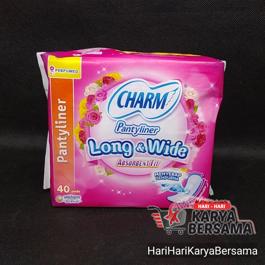PEMBALUT WANITA CHARM PANTYLINER LONG & WIDE ABSORBENT FIT PERFUMED 40'S