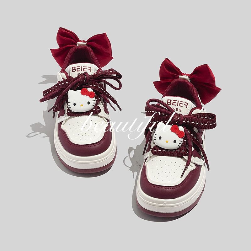 Sanrio Original HelloKitty Bow Platform shoe Off White Shoes Preppy Style Student Versatile Casual P