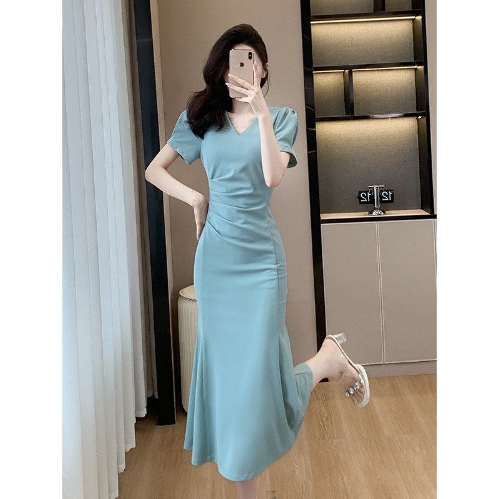 Meirong midi dress biru muda korean style v neck dress kondangan simple elegan terbaru 2025 import