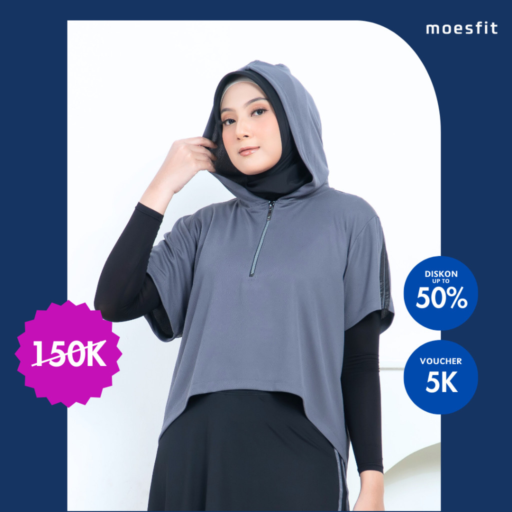 - Rompi Hoodie Olahraga Wanita Outer Hijab Sporty Muslimah Dry Fit Abu