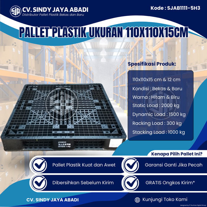 Pallet Plastik Bekas Ukuran 110x110x15 cm - SJAB1111-5H3 / Pallet Plastik Warna Hitam / Pallet Plast