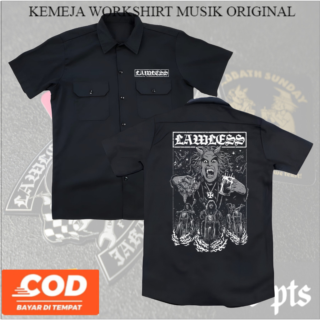 kemeja pendek hitam LAWLESS JAKARTA distro original | kemeja WORKSHIRT band JAKARTA LAWLESS terbaru 