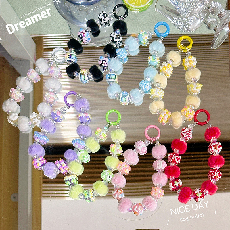 JJ37 Phone Strap Gantungan HP Manik Crystal Pompom Bag Charm Kristal Bola Pompom