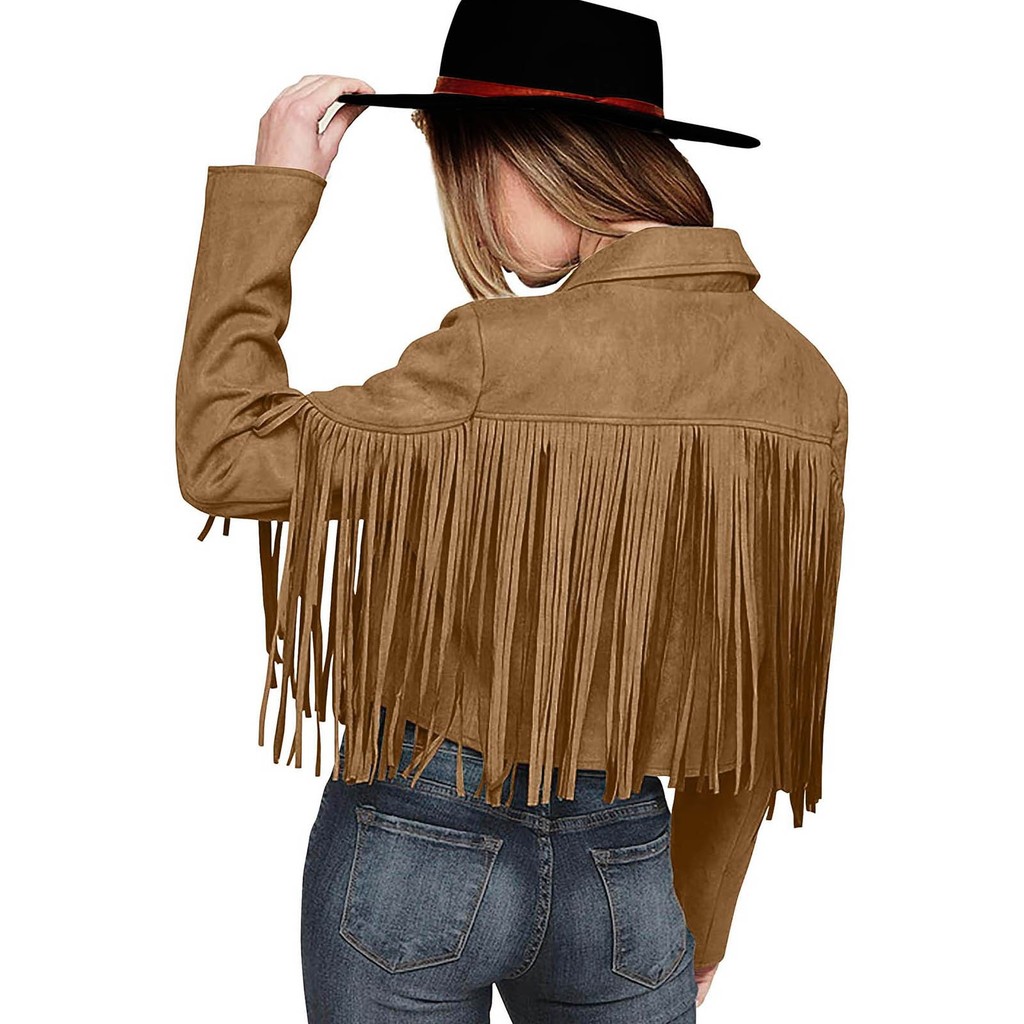 Women Fringe Tassel Cardigan Crop Tops Grunge Hippie Fringed Motor Biker Jacket Short Suede Jacket V