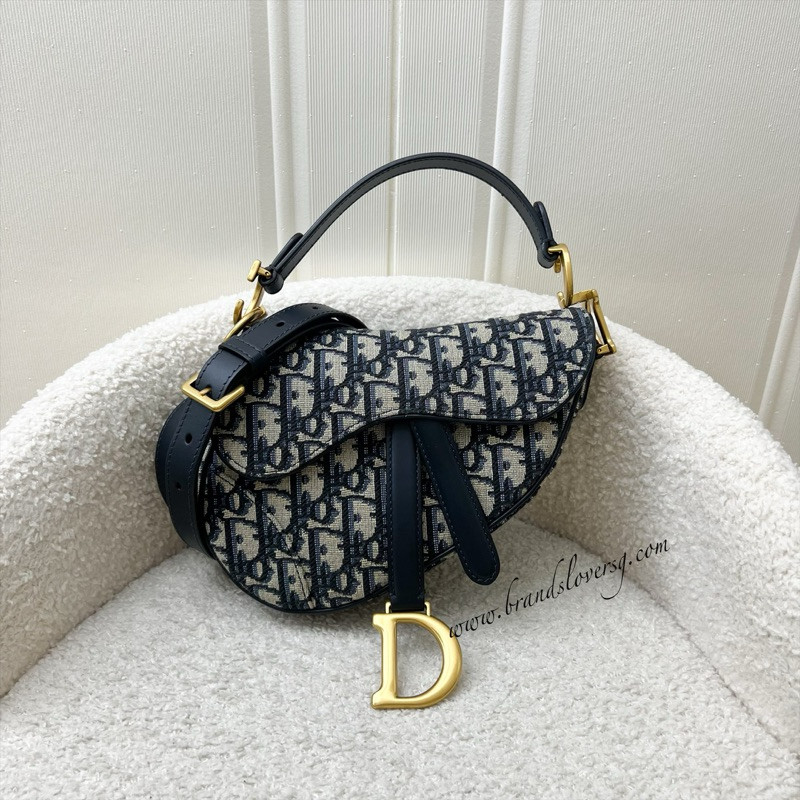 (Pre-loved) Dior Mini Saddle Bag In Navy Oblique Canvas AGHW (Newer Version with Strap)