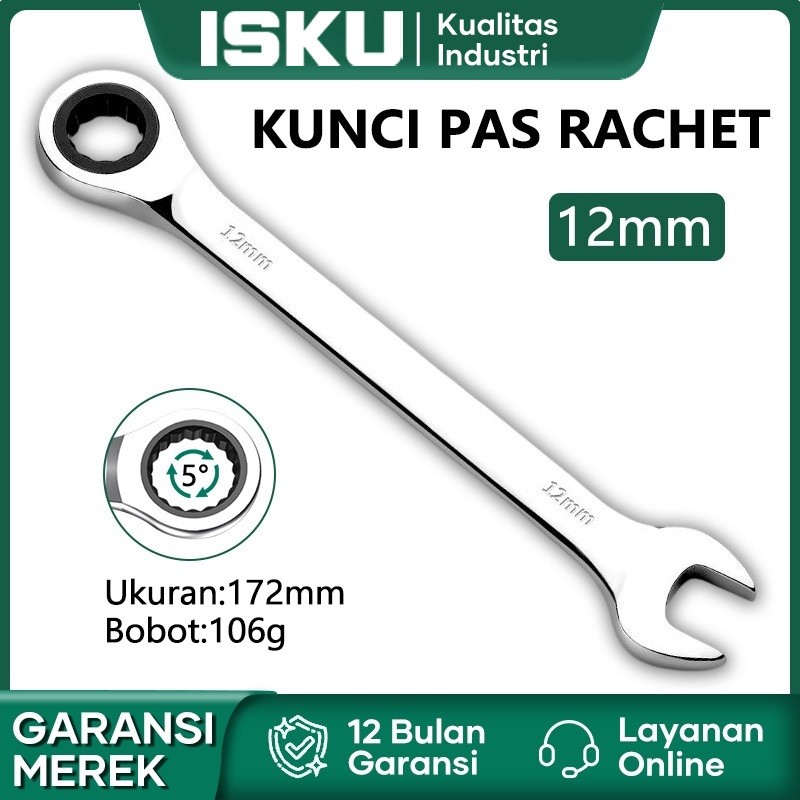 Isku Kunci Pas Rachet 12mm 72gigi Panjang Bahan Crv Kunci Rachet Kunci Ring Pas Bolak Balik