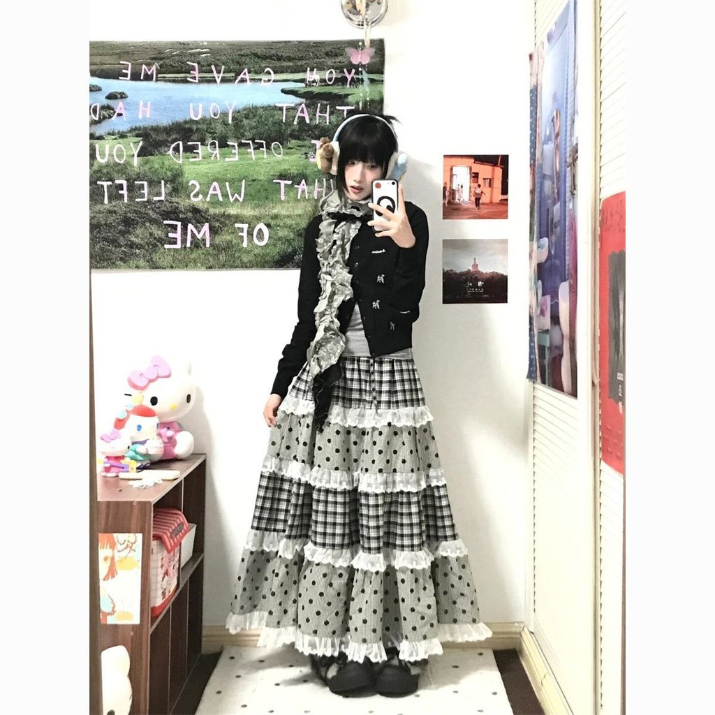 YAHAO- Rok Kue Tambal Sulam Renda Kotak-kotak Gaya Prancis Rok Wanita Panjang A-line