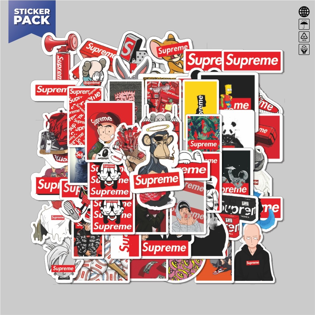 

[100PCS]Stiker Pack Stiker Logo Supreme Aesthetic Vinyl Anti Air Dekorasi Sticker Laptop Buku Journal Koper Helm Casing HP Gitar Helm Skateboard