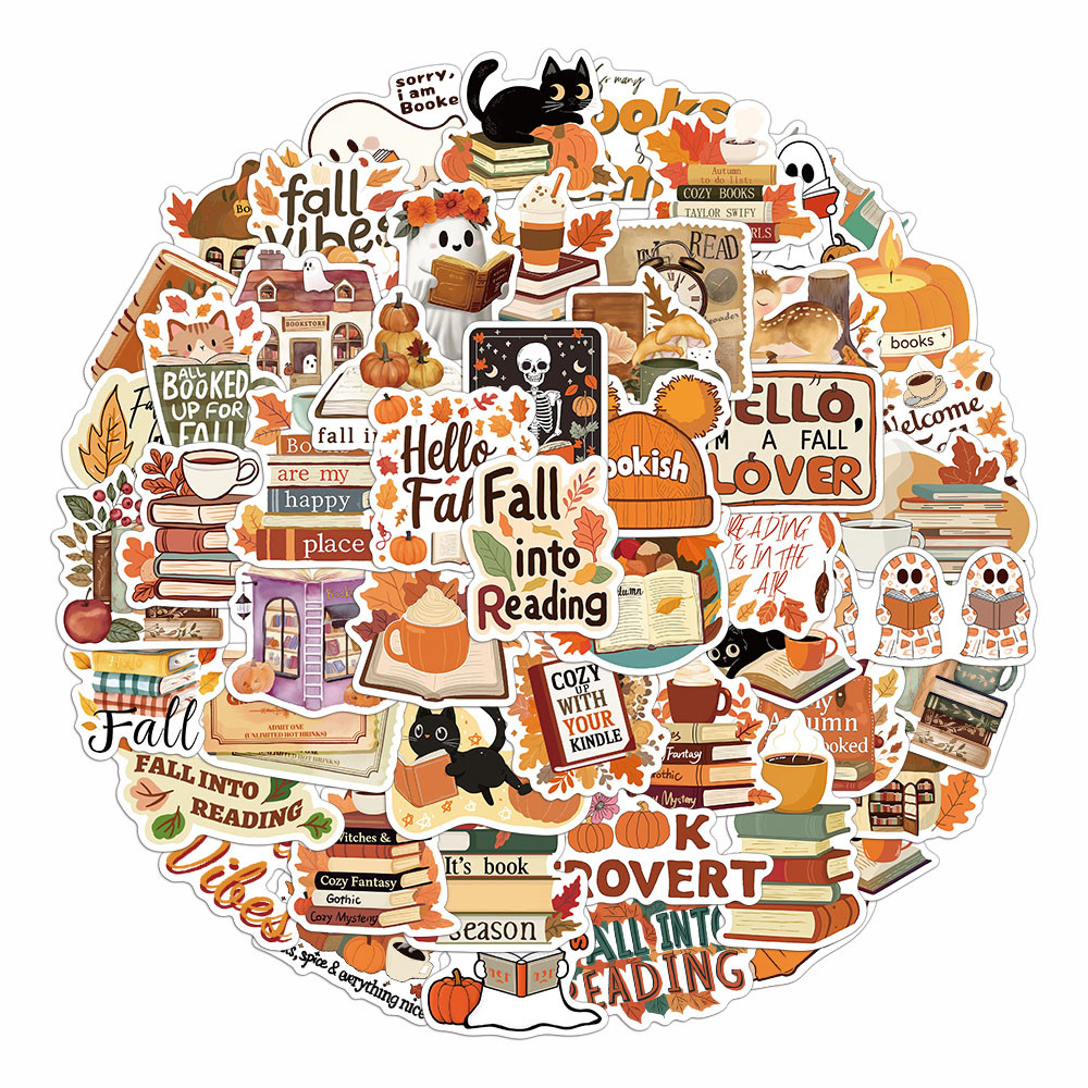 

50PCS Bookish Autumn Graffiti Stickers Cartoon Cute Ghost Books Graffiti DIY Bookbook Notebook Stickers