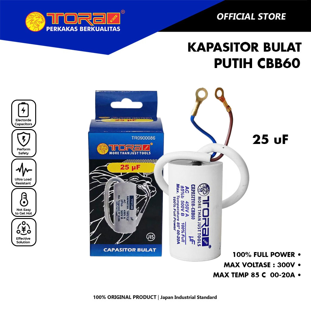 TORA Kapasitor 25 uF CBB60 Bulat Putih - Capasitor CBB60 Run 450V AC