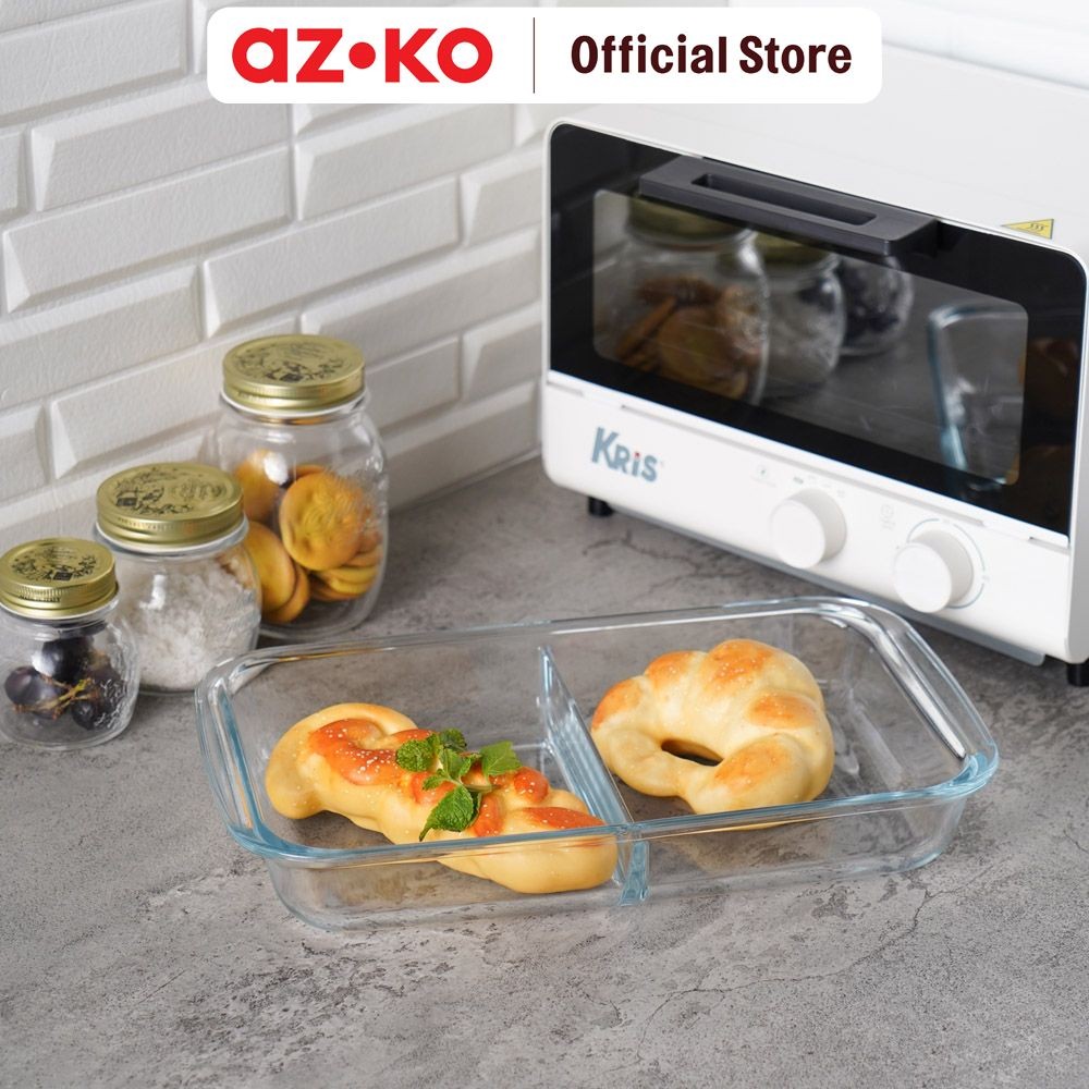 AZKO Kris 2.2 ltr Loyang Kaca Persegi Panjang Dengan Gagang Tray Adonan Beling Wadah Panggang Kue Ce