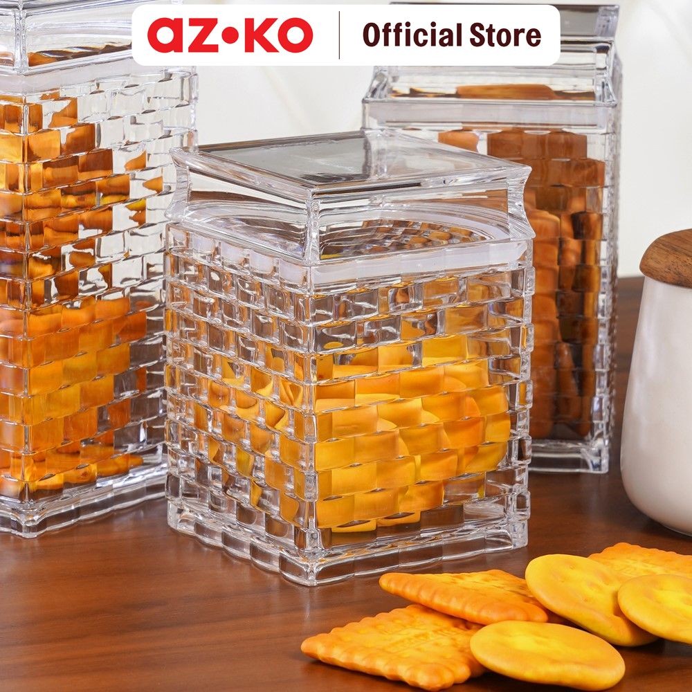 AZKO Krishome Stoples Persegi 10x10x12 cm Transparan Jar Tempat Simpan Snack Dan Permen Setoples Top