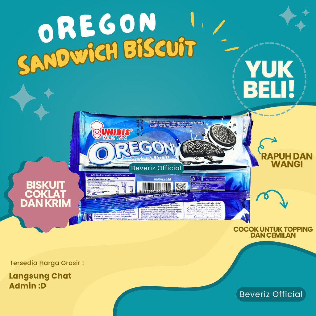 

BEVERIZ BEVERIZ Oregon Sandwich Biscuits | Biskuit Rasa Vanilla | Remahan Biskuit Kemasan Sachet {BISA COD} { Tersedia Harga Grosir} {BISA COD} { Tersedia Harga Grosir}