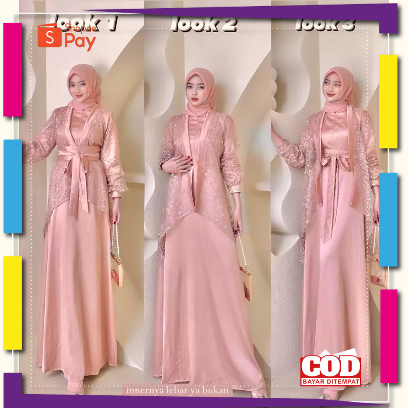 [PREMIUM ORIGINAL] Veloxa Dress Fuji 3 In 1 Dress satu Set Inner Outer Kimono Queenbee Fashion Gamis