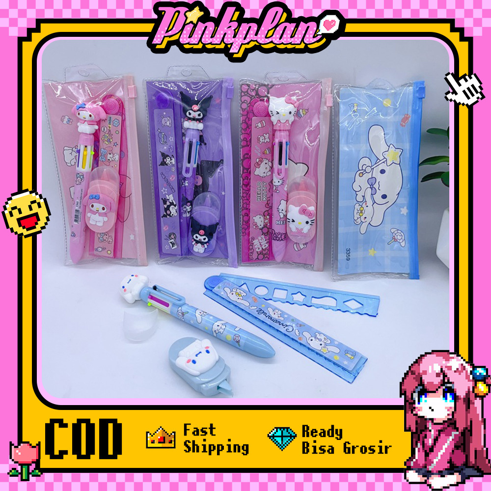 

Kotak Pensil Anak Set 3 in 1 Stationery Untuk Hadiah Anak Sekolah Kuromi / Alat Tulis Set Bolpoin 6 warna