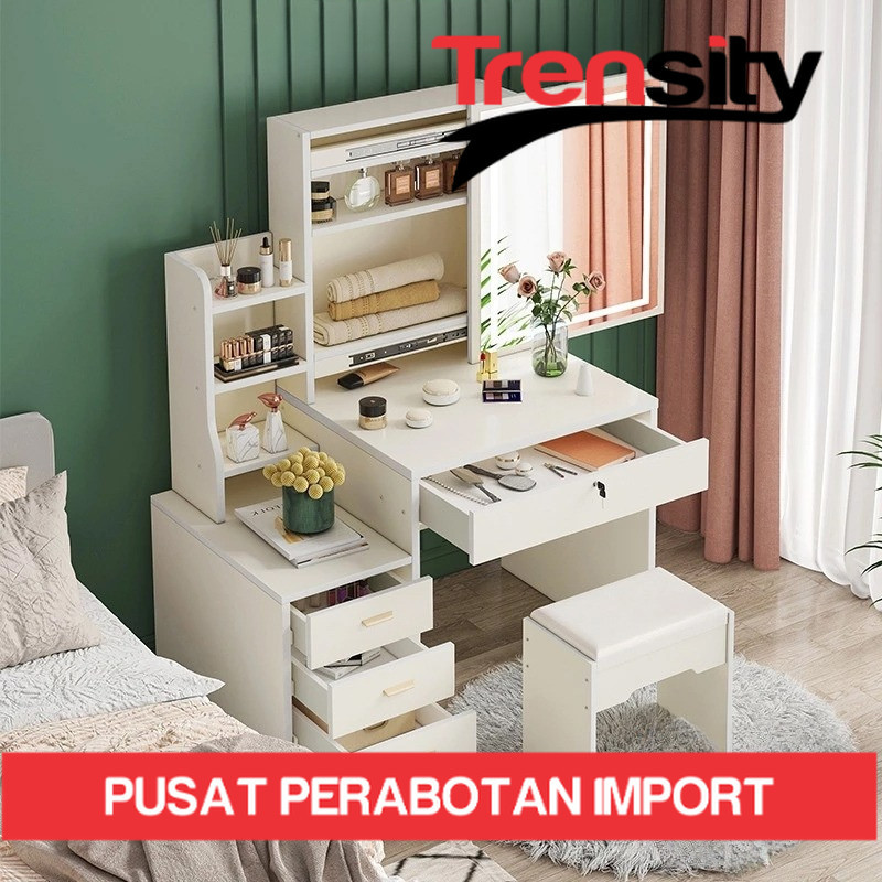 Meja Rias Putih Lampu LED / Meja Rias Kaca Sliding Minimalis / Meja Rias Aesthetic *TRENSITY*
