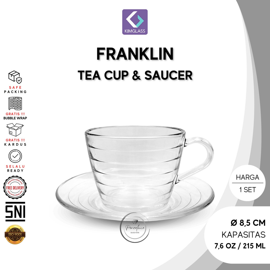 Kim Glass Cangkir Kaca Set Tatakan Franklin 215 ml Gelas Bening Cup Teh Tea Kopi Espresso Aesthetic