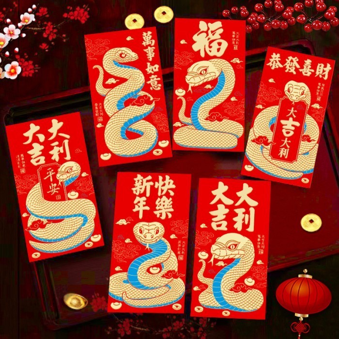 

NEW Angpao Merah Panjang Ular 2025 isi 6 Angpau Sincia Uler Red Pocket Amplop Ampau Imlek Murah Gros