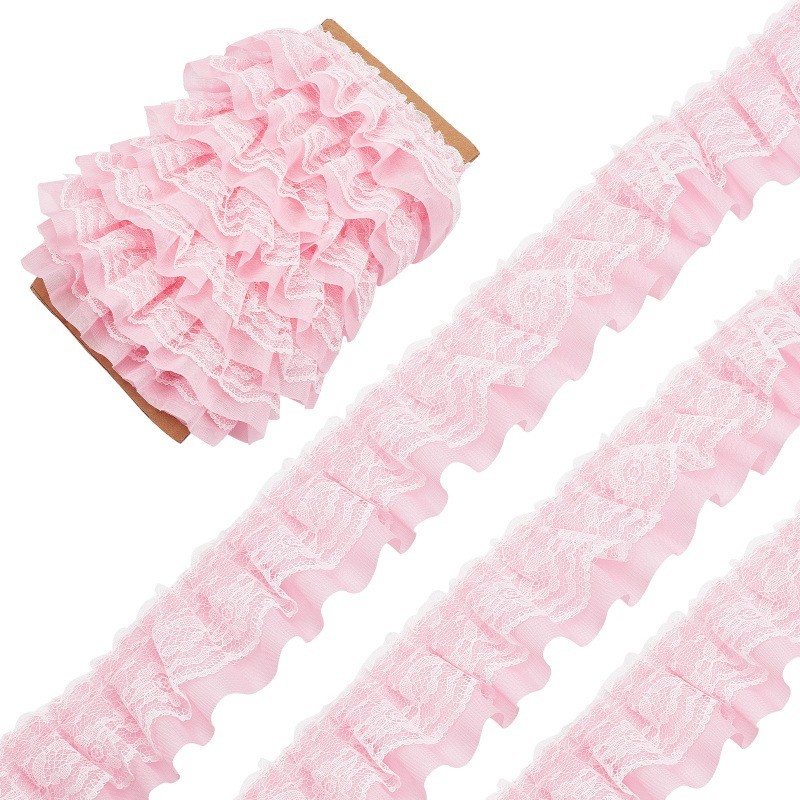 

11 Yards Pink Double-Layer Pleated Chiffon Lace Trim 5cm Wide 2-Layer Gathered Ruffle Trim Edging Tulle Trimmings Fabric Ribbon