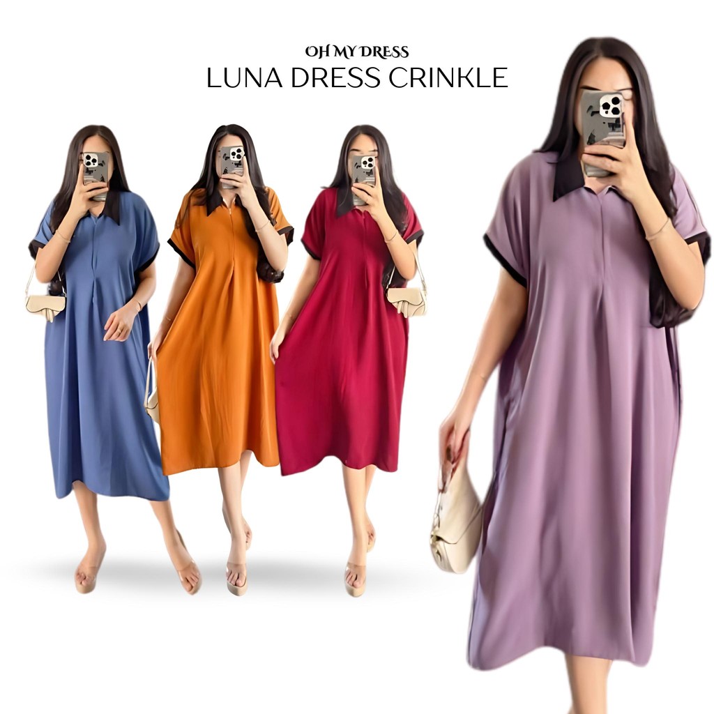 OhMyDress - Luna Dress Busui Friendly Premium Crinkcle Airflow Jumbo Polos Resleting Berkerah Daster