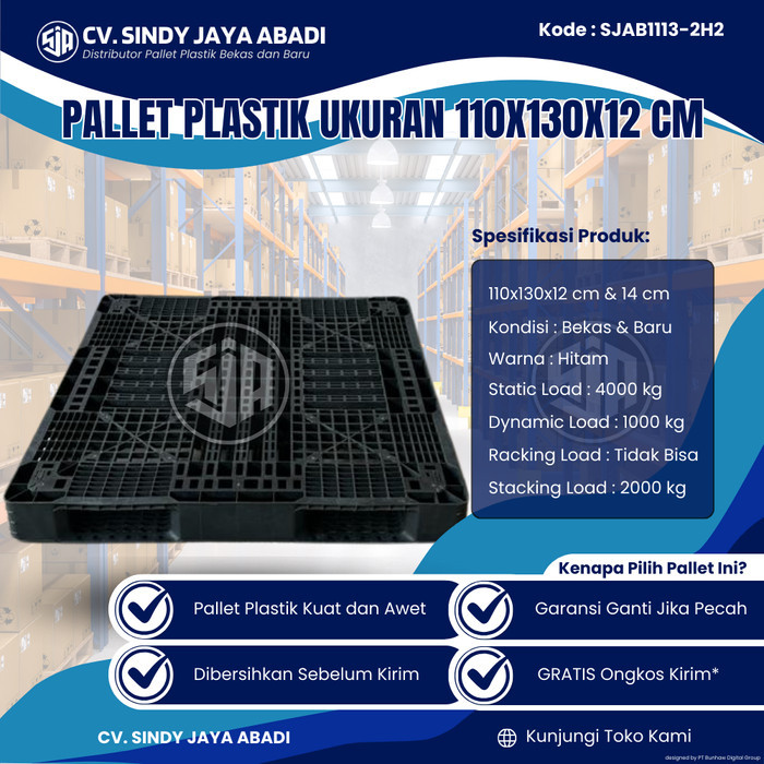 

Pallet Plastik Bekas Ukuran 110x130x12 cm - SJAB1113-2H2 / Pallet Plastik Warna Hitam / Pallet Plastik Jaring